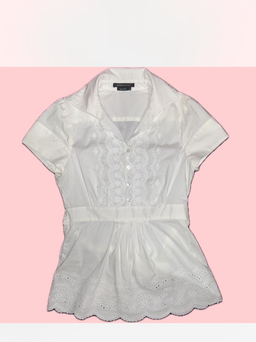 BCBGMaxAzria White Eyelet Peplum Button-Front Blouse